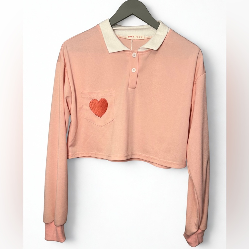 ROMWE Heart Cropped Long Sleeve Polo Size M  Pink Cute Girly Kawaii Sweet NEW